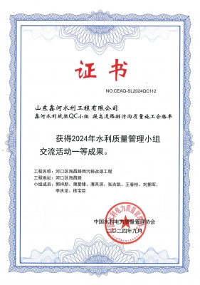 QC成果“提高道路排污溝質(zhì)量施工合格率”中國水利電力質(zhì)量管理協(xié)會一等成果（2024年9月）